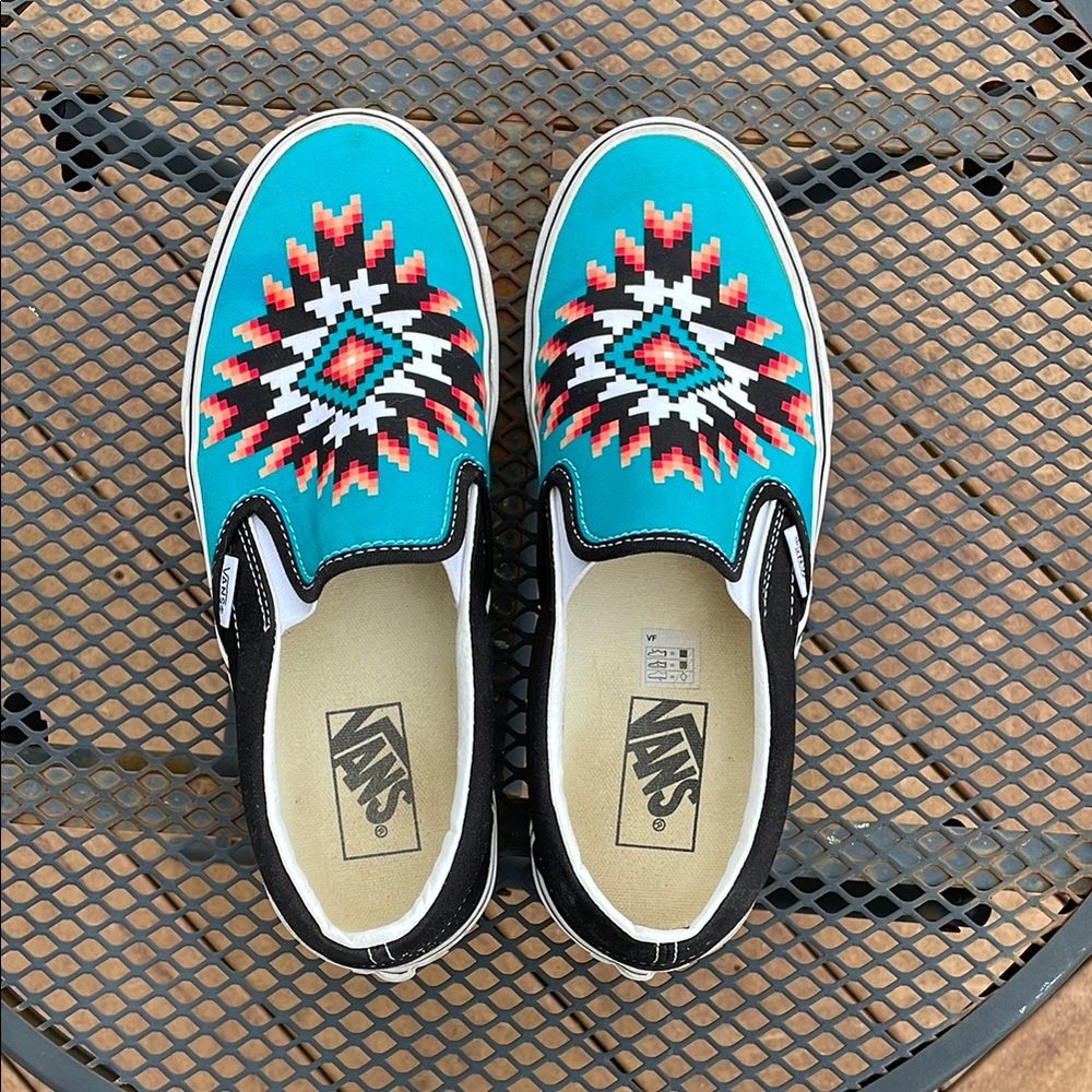 Vans Turquoise Slip-On Shoes with Aztec Pattern